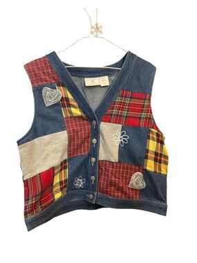 Susan Bristol Patchwork Embroidered Denim Vest PM Petite Medium